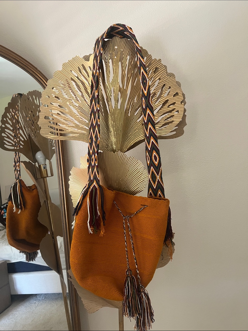 Boho Woven Shoulder Bag in Burnt Orange with Patterned Strap